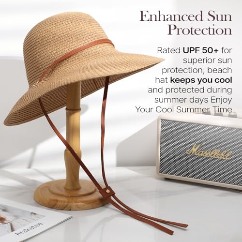 Image of Womens Beach Sun Straw Hat, Wide Brim Sun Hat Travel Foldable Summer Wind Lanyard UPF 50+