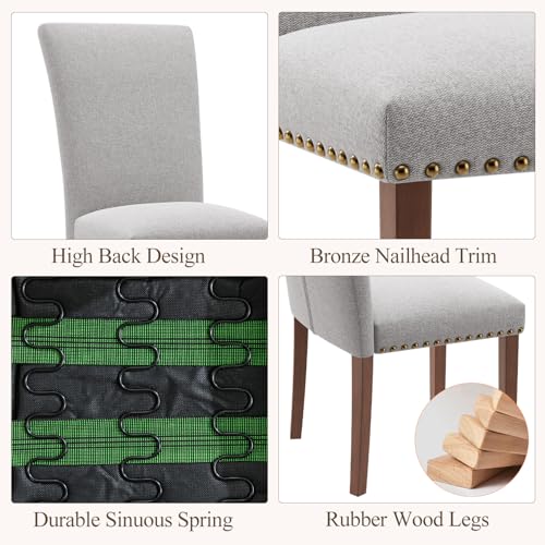 Image of Farmhouse Dining Chairs Set of 2, High Back with Wooden Legs and Nailhead Trim, Modern Fabric Dining Room Chair for Kitchen /Restaurant