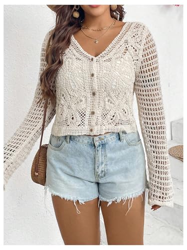 SHENHE Women's Plus Size Hollow Out Crochet Cardigan Button Down Sheer Crop Cover Up Cardigan4