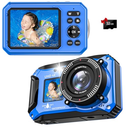Appareil photo numérique – Caméra sous-marine 4K 56 MP 10 m UHD pour plongée avec tuba avec carte de 32 Go, double écran, compact, étanche, résistant à la poussière – Appareil photo numérique