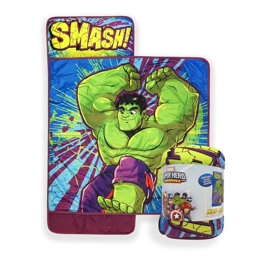 Jay Franco Kids Nap Mat Cartoon Embedded Pillow & Blanket Soft 46x20Microfiber Sleeping Bag with Name Tag & Handle for School Travel Sleepover Green - Hulk