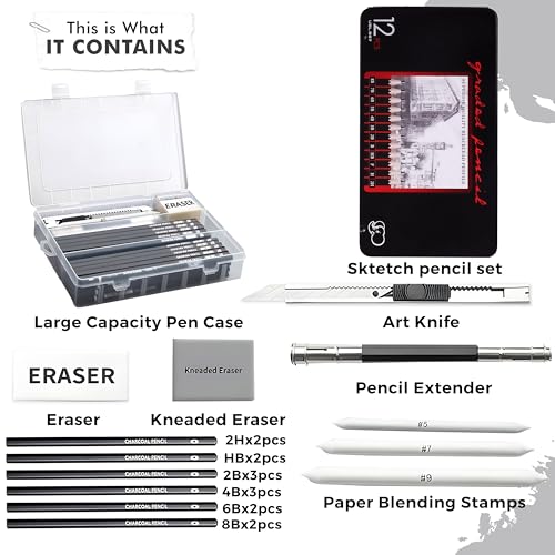 Image of DaKos Professional Sketching Pencil Set for Artists - Complete Drawing Kit with Graphite Pencils Set & Carry Box, Art Supplies for Shading & Sketching with Pencil Set in Tin Box (34 Pcs)