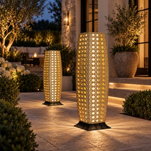Solar Yard 2-Piece Outdoor Floor Lamp Solar Lantern, Water-Resistant Wicker Boho Patio Light with 50&100 Lumens Dual Brightness for Garden Porch Deck Decor, Large Diamond Natural