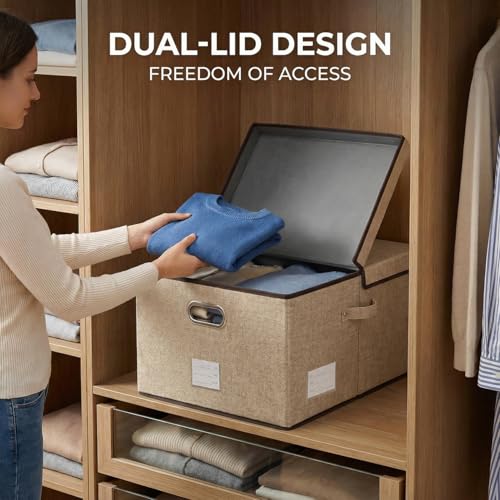 Image of PRANDOM Storage Bins with Lids [3-Pack] Jute Fabric Foldable Storage Boxes Organizer Containers Baskets Cube with Cover for Home Bedroom Closet Office Nursery khaki（23.4X15.9X11.5