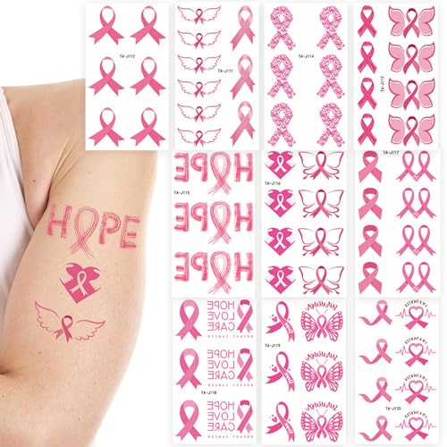 Heyiminy Breast Cancer Tattoos 10 Sheets 68 Pcs Pink Ribbon Breast Cancer Awareness Temporary Tattoos for Face Arms and Hands 4.7 x 2.7 Breast Cancer Face Tattoos for Walks Runs Fundraising Events