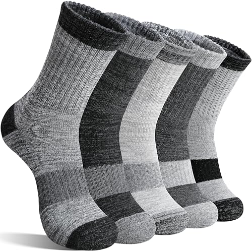 SAVALOS Merino Wandersocken für Damen, Wolle Thermosocken, Warme Wintersocken und Atmungsaktive Merino Wollsocken, Outdoor Trekking Socken 5 Paar(Graue Serie,42-46)