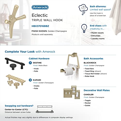 Image of Amerock Kodiak Triple Prong Golden Champagne Wall-Mounted Hook | Decorative wall hook in durable zinc construction for coats, hats, bags, towels, and everyday organization