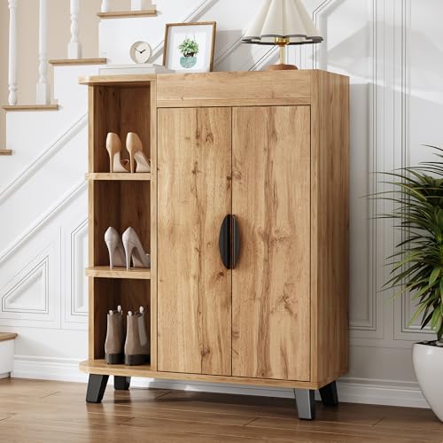 BXEYXE Zapatero estrecho de doble puerta con efecto madera con compartimentos abiertos y estante superior – Zapatero multiusos para el pasillo, pequeño zapatero para espacios pequeños