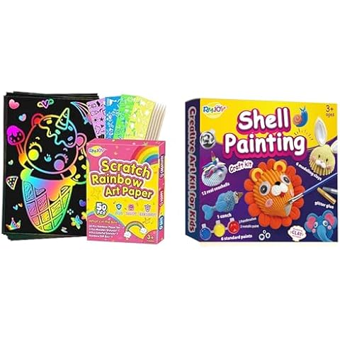 RMJOY Arts & Crafts Kit for Kids:Gifts Toys for Ages 3-12 Year Old Boys Girls Rainbow Scratch Paper Sets & Shell Painting Kit Creativity Craft Kits Cover