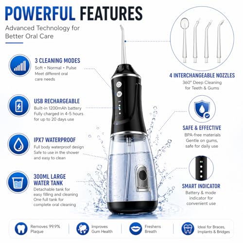 Image of Water Flosser for Teeth Cordless, 380ML Electric Dental Flosser 4 Modes & 6 Jet Tips for Oral Care, Rechargeable Floss DIY Mode IPX7 Waterproof, Portable Oral Irrigator for Travel and Home Gift .