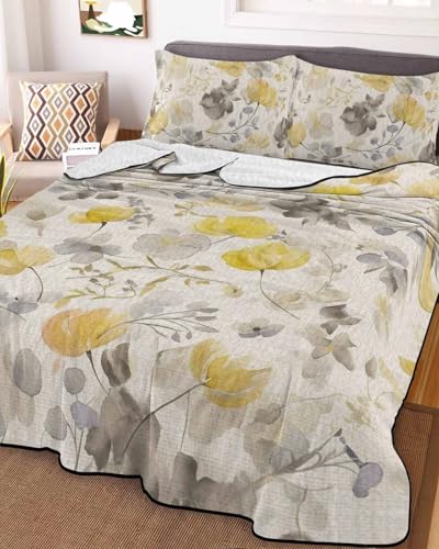 3-Piece Summer Quilt King Size, Yellow Grey Botanical Lightweight Cooling Bedding Comforter Blanket with 2 Pillow Shams, Spring Floral Watercolor Rustic Bedspreads Quilted Coverlet Sets 96