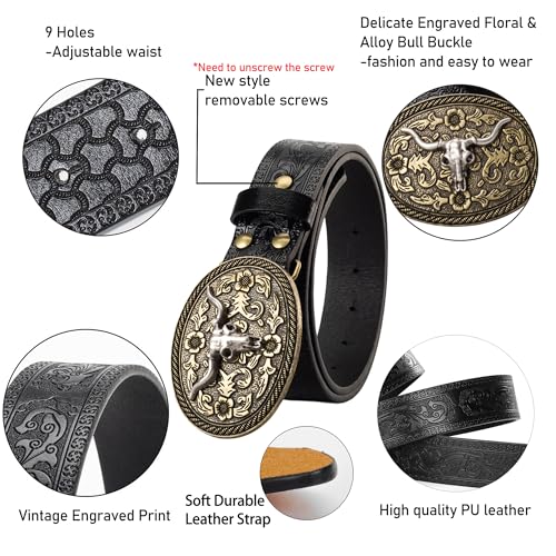 Image of Western Cowboy-Belts for Women Big-Buckle Longhorn-Bull PU-Leather Rodeo Cowgirl-Belt Engraved Floral - Waist 25-38 inch