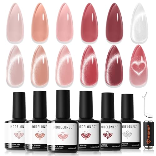 Image of modelones Cat Eye Gel Nail Polish, 6 Colors Jelly Nude Pink with Magnet Sparkle Galaxy Series Nail Gel Polish Kit Soak Off Led Nail Art Manicure Salon DIY Gifts