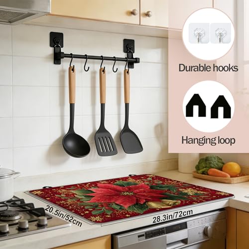 Image of Christmas Holly Berrie Leaves Stove Top Cover for Electric Stove, Heat Resistant Glass Cooktop Cover, Stovetop Protector, Dish Drying Mats Cover for Ceramic Washer Top 28x20 inch