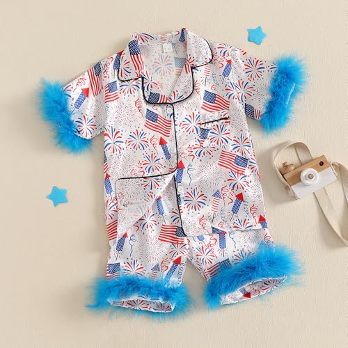 Toddler Girl 4th Of July Pajamas Cute Flag Short Sleeves Button Down Shirt Top Elastic Shorts Sleepwear3