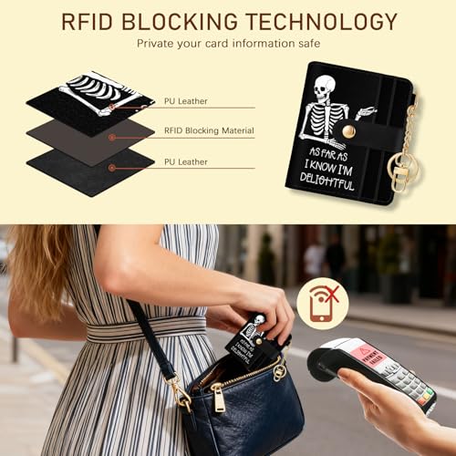 Image of Jogjam Rfid Women Wallet, Small Slim Thin Credit Card Wallet, PU Leather Bifold Cash Wallet, Zipper Coin Pocket & ID Window, Female Ladies Teen Girls Girly Gifts, Funny Skull Skeleton, Modern