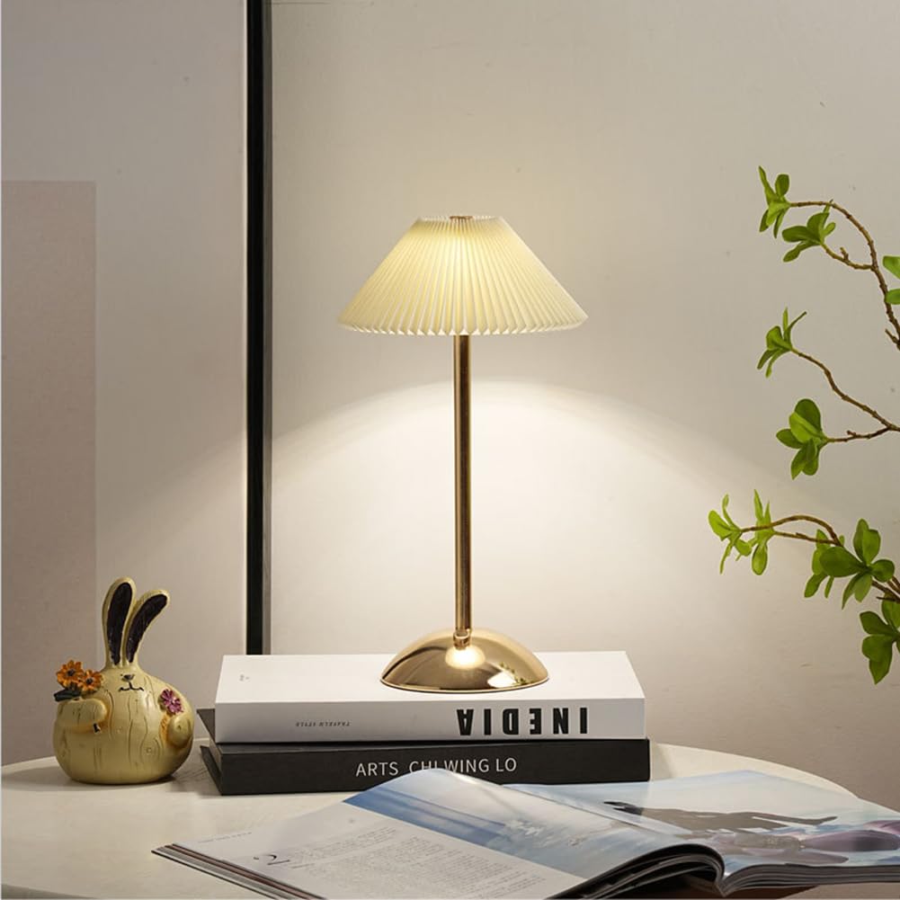 HTU Cordless Table Lamp, Modern Touch Lamp with Metal Base Dimmable 3 Color Bedside Lamp Rice Paper Rechargeable Night Light for Bderoom Living Room Dinner Bar(Gold)