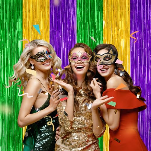 Image of ZATAYE 2 Pack Purple Gold Green Foil Curtain Streamer Decorations | Purple Gold Green, Metallic Foil, 3.28 x 7.05 FT, Tinsel Backdrop, Foil Curtain Streamer, Party Decorations