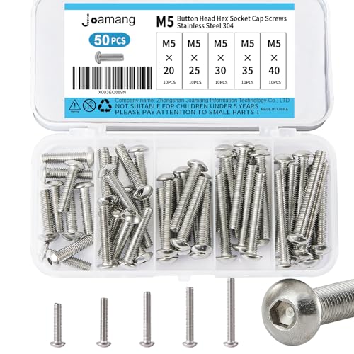 Joamang M5 x 20mm 25mm 30mm 35mm 40mm Button Head Socket Cap Screws Bolts, Stainless Steel 304, Metric Allen Hex Drive, Bright Finish, Fully Threaded, Assortment Kit 50PCS