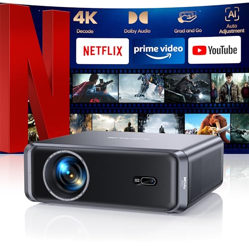 Smart Beamer 4K mit Official Netflix, Dolby Audio, 1000 ANSI Beamer 4K Heimkino Unterstützt Auto Focus/6D Trapezkorrektur, WiFi 6/Bluetooth Full HD 1080P Projektor Outdoor Garten...