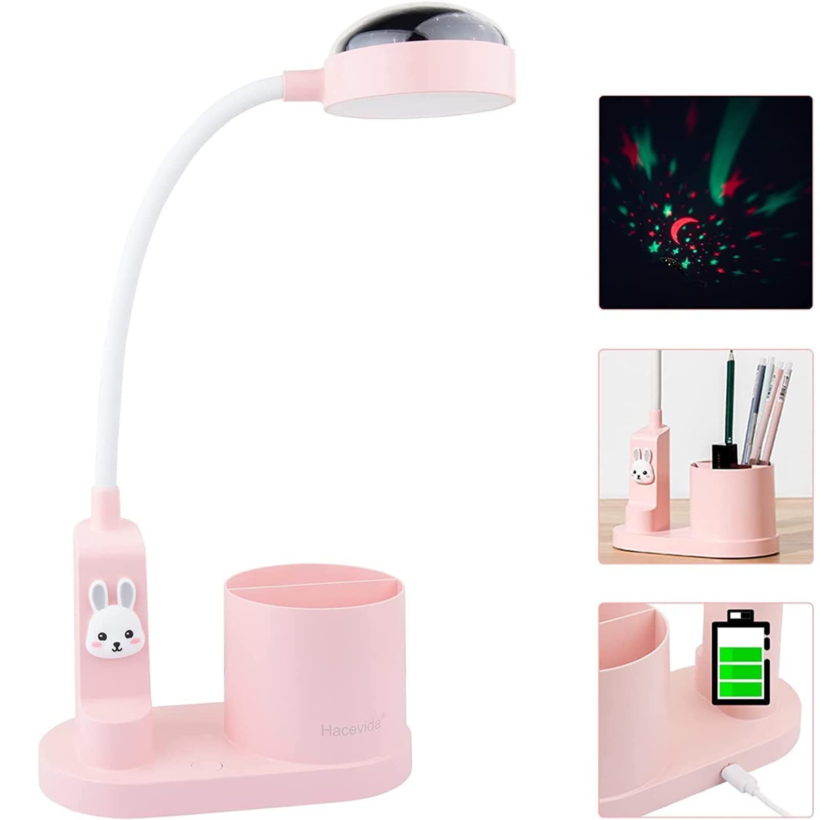 Lámpara de Escritorio LED, Flexo Infantil Niña 2000mAh Batería Recargable para Estudiar, Lámpara Escritorio Infantil USB 3 Niveles de Brillo, con Proyector de Estrellas y Portalápices, Rosa