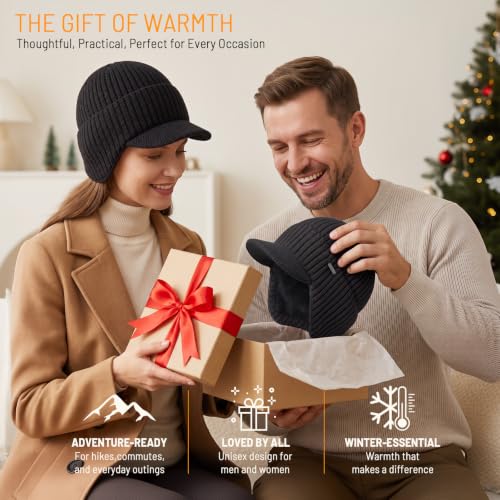 70% Wool Beanie with Brim & Earflaps Fleece Lined Winter Hats for Men Women | Ultra Soft Warm Plush Fleece Lining, Stretchy Fit, Cold Weather Gifts, Windproof Visor Beanie Hats for Skiing Hiking Outdoor - image 6