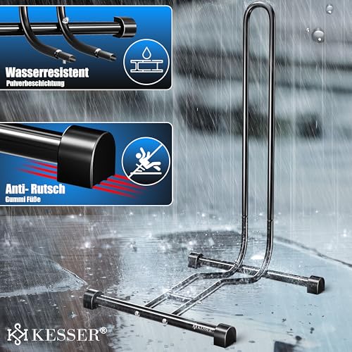KESSER® Fahrradständer Boden einzeln für Mountainbike, E-Bike, Citybike, Rennrad, MTB | Fahrrad Montageständer | Freistehender Fahrradhalter Ständer Eisen | Reifenbreite bis 65mm | Inkl. Luftpumpe