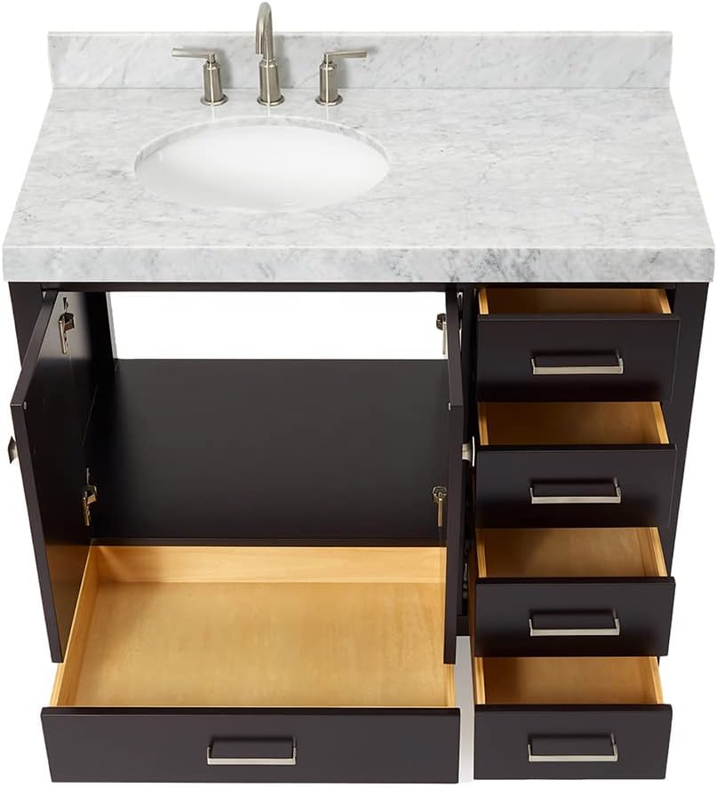 DKB Beckford 42-Inch Espresso Bathroom Vanity, Single Left Oval Undermount Sink, 2-Inch Carrara Marble Countertop, 2 Soft Closing Doors, 5 Dovetail Drawers, Solid Wood Cabinet