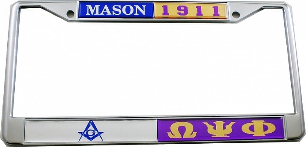 Mason + Omega Psi/Ψ Phi Split Founder Year License Plate Frame [Silver/Purple - Car/Truck] - ID#121442