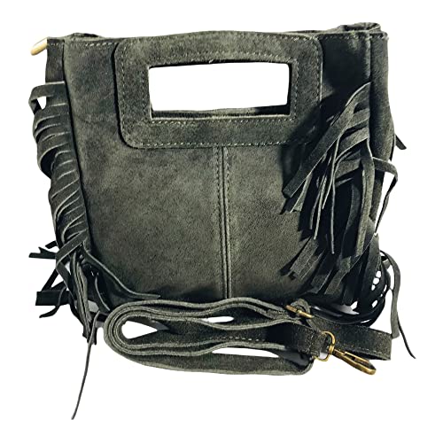 DHDB - Bolso de mano para mujer de cuero genuino con flecos para el hombro italiano Albakaki, caqui