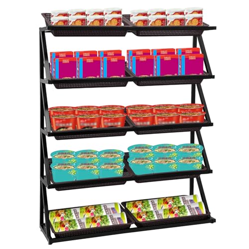 BANLICALI Retail Display Racks, 5 Tier 10 Slots Market Shelf with Plastic Baskets, 220LBS Load Capacity Fruit Vegetable Snack Basket Set Shelf for Vendor Farmer's Markets Black, Coffee Easy to Clear