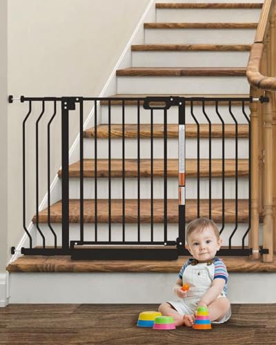 Image of Mom's Choice-GROWNSY Baby Gate for Stairs, 30.5"-48.4" Pressure Mounted Baby Gate for Top of Stair&Doorway with Y-Spindle Rods, Anti-Trip Pedal, Wide Stairs Dog Gate Easy Install w/Red Reminder,Black