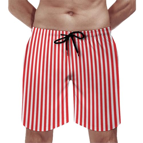 Red and White Stripes Print Mens Swim Trunks, Quick Dry Swim Shorts with Mesh Lining Swimwear Bathing Suits