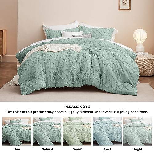 Image of Bedsure King Comforter Set - Sage Green Comforter, Boho Tufted Distressed Vintage Bedding for Kids, 3 Pieces Farmhouse-Style Bed Set for All Seasons, Fluffy Soft Bedding with 2 Pillow Shams