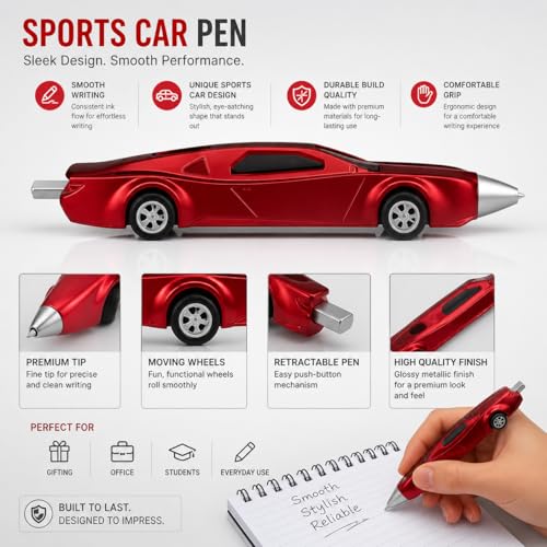 Image of 3-Pack Racing Sports Car Pen Set - Novelty Ballpoint Pens with Rolling Wheels - Fun Desk Toy & Unique Gift for Car Lovers, Kids & Adults (Multi-Colors)
