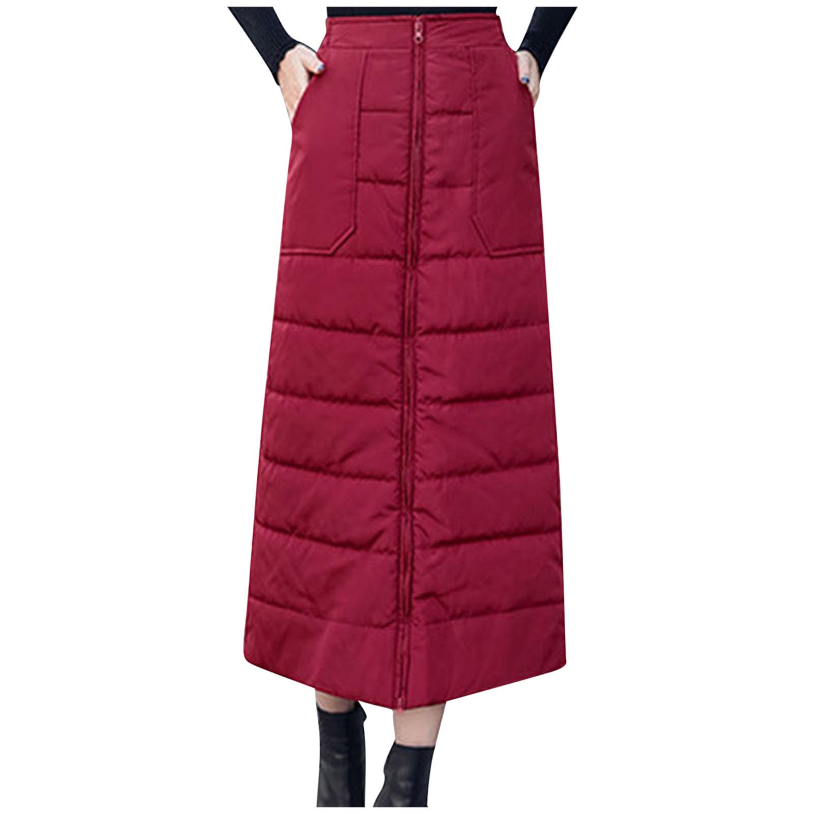 Womens Puffer Quilted Skirt Winter Insulated Warm High Waist Zip Front Padded Long Down Skirt with Pockets