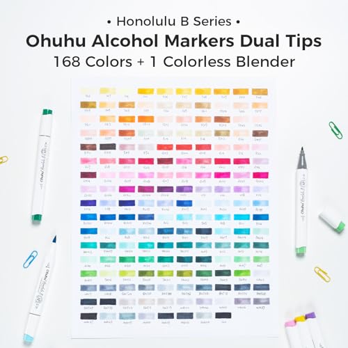 Image of Ohuhu Alcohol Markers Brush Tip: 168-Color Double Tipped Art Marker Set for Artist Adults Coloring Illustrations -Honolulu B -Brush & Fine -Refillable