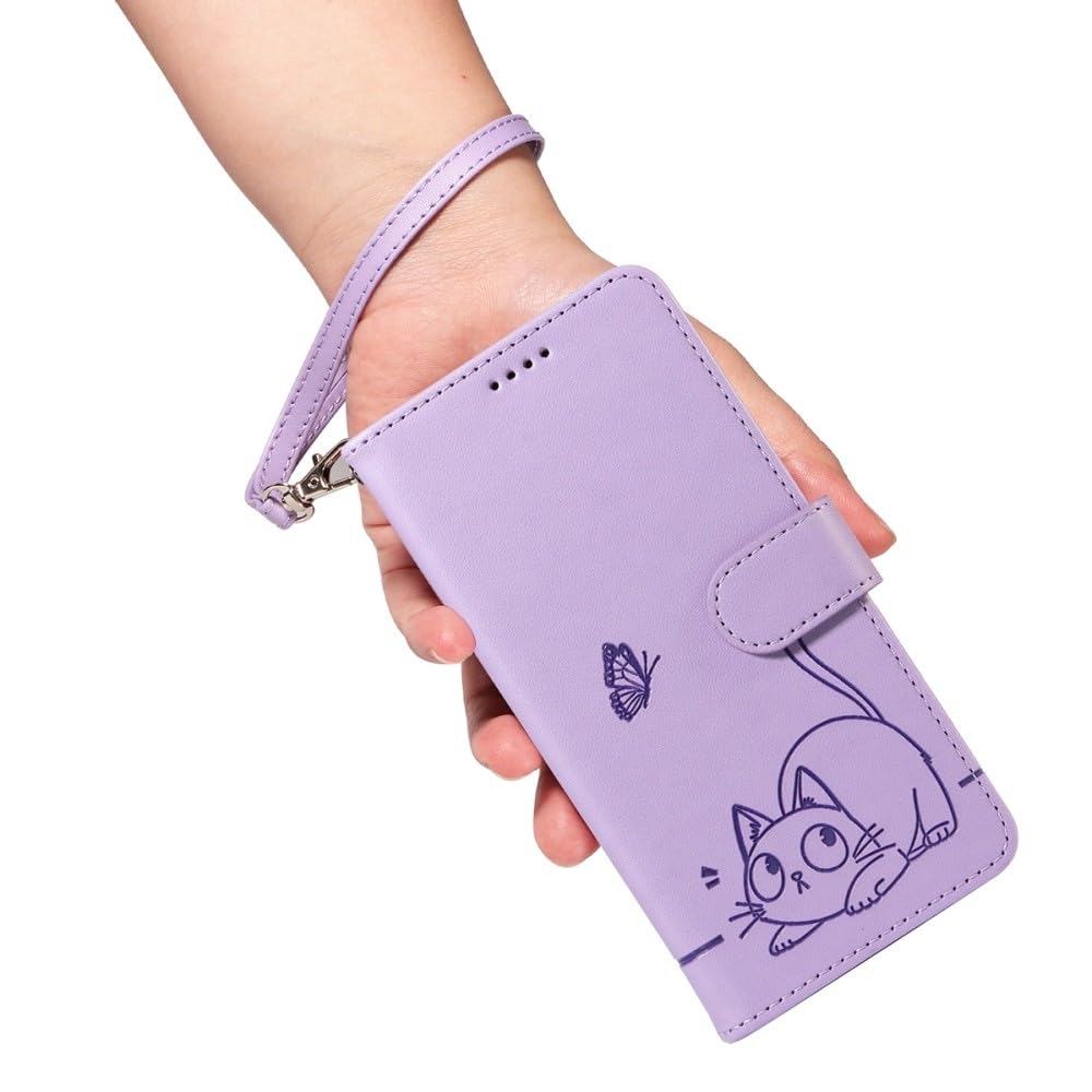Generic Étui compatible avec Sony Xperia 5 V (Couleur : Rouge) Motif Chat Papillon Portefeuille en cuir Étui à rabat