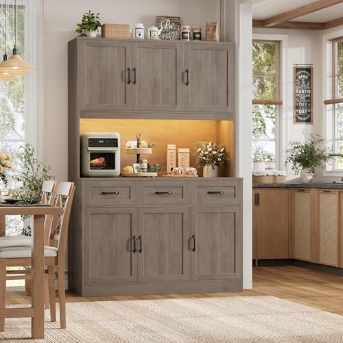 Image of HOSTACK Kitchen Pantry Storage Cabinet, Kitchen Hutch Cabinet, Ash Gray | 47 inchW Food Pantry Cabinet with Smart LED / Charging Station / Countertop / 3 Large Drawers, 72 inchH Storage Hutch for Dining Room