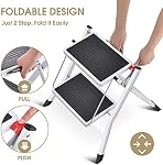 KINGRACK Folding Step Ladder, 2 Step Foldable Step Stool, Portable Stepladder with Handle, Non-Slip Rubber Mat, Release Button, Small Household Stepping Stool for Home Kitchen, for up to 330lbs, White