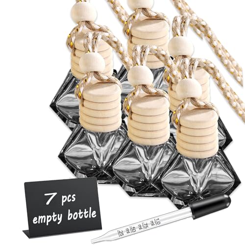 Image of 7 Pcs 8ml Hanging Car Air Freshener Diffuser,Empty Black Gradient Glass Essential Diffuser Oil Aromatherapy Fragrance Perfume Pendant Glass Vials with Wooden Caps (Diamond, 8ml)