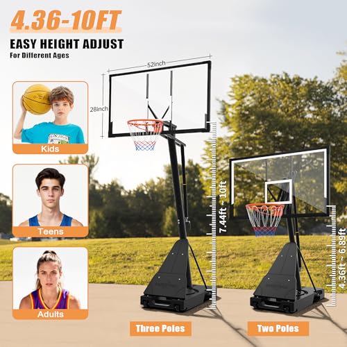 Image of PIZZELLO Basketball Hoop Outdoor 44 /52 Inch Shatterproof PC Backboard, 4.36-10FT Stepless Adjustable Height, Portable Basketball Hoop for Kids /Teens /Adults in Backyard, Driveway and Indoor
