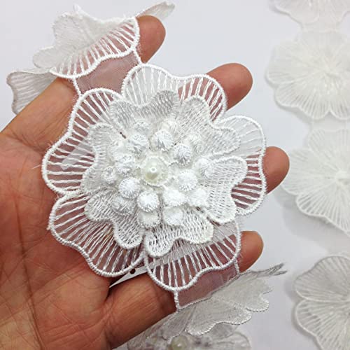 Karmelling 10Pc White 3Inch Pearl Chiffon Beaded Polyester Flower Embroidered Lace Edge Trim Ribbon For Sewing Diy Craft Decorative #TOP1