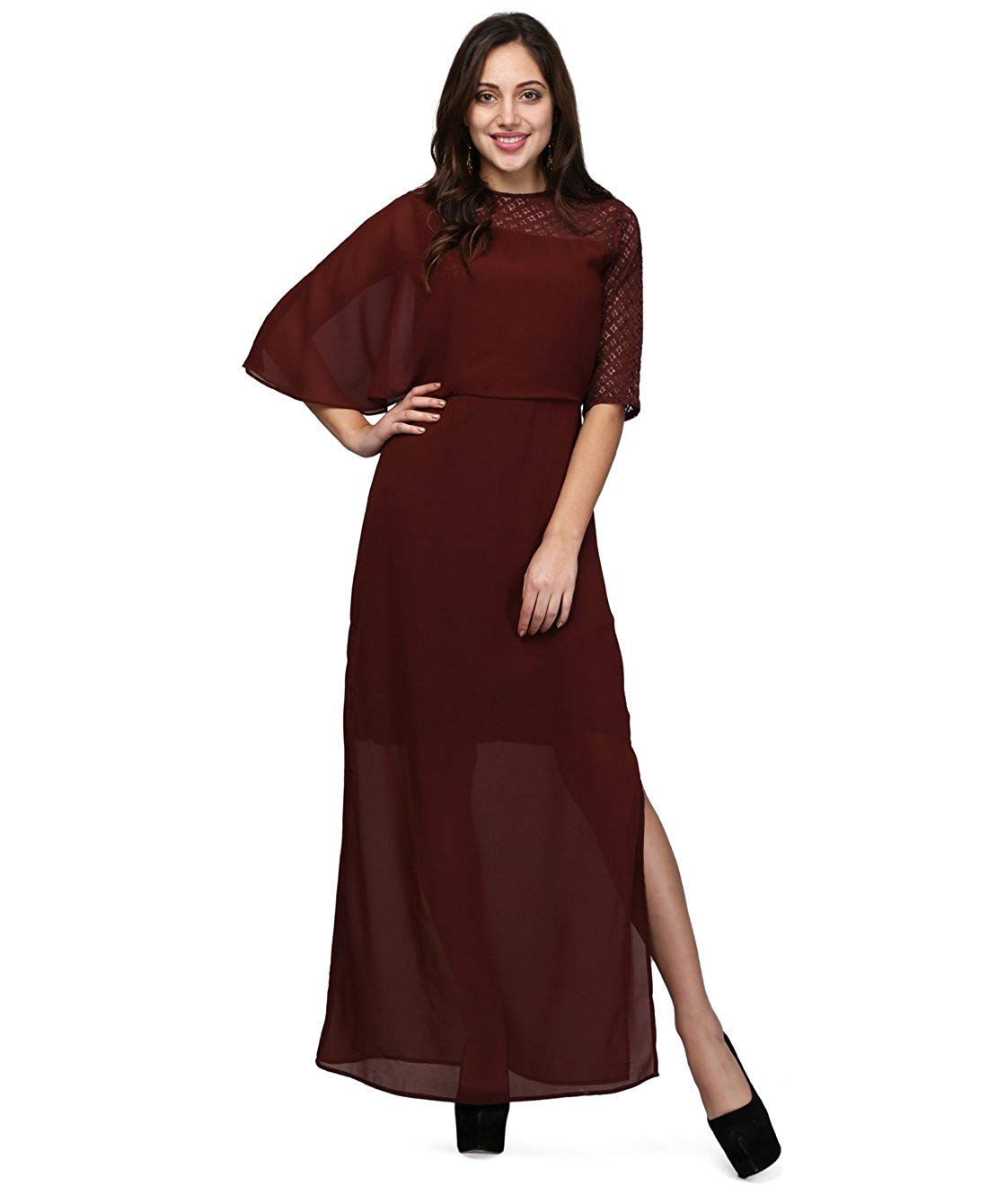 Buy V&M Dark Brown Color Designer Georgette One Shoulder Flared