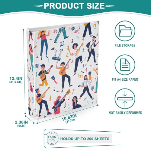 Image of 3 Ring Binder Music Girls Boys Doodle 1.5 inch Binders Three Ring Binders with Clipboard Fit 8.5'' x 11'' Paper 3 Interior PVC Clear Pockets for Office Supplies