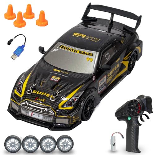Image of VikriDA 1:24 Scale RC Drift Car - 4WD High-Speed RC Racing Car with LED Lights, 2.4GHz Controller, Rechargeable Batteries & Drifting Tires - Black & Yellow