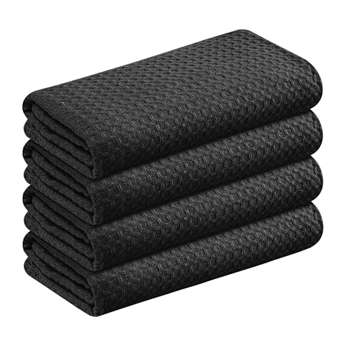 Image of Black Waffle Kitchen Dish Towels, 100% Cotton, Quick Dry, Super Absorbent, Soft, 16x26 Inches - Ideal for Dish Drying, Bar, Hand Wipe, Cleaning, and Everyday Use, 4 Pack