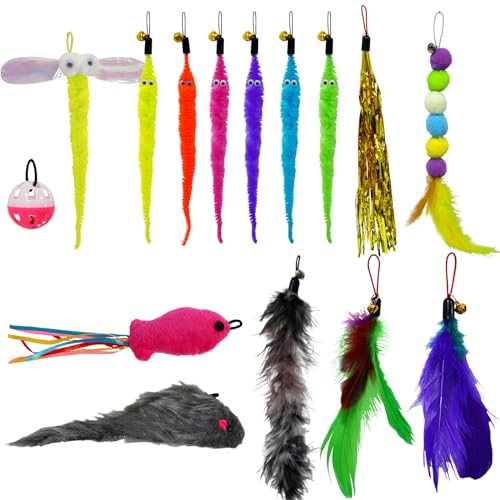 Rosaui Pack De 15 Plumas De Repuesto Para Pesca De Gatos, Juguete De Plumas Coloridas, Juguete Interactivo Para Gatos Con Cascabeles