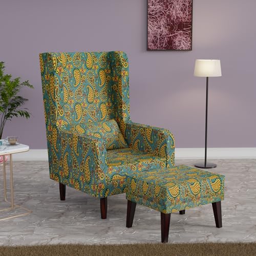 Image of Custom Decor Wooden Wing Chair with Ottoman Stool | Wingback for Living Room | One Seater Sofa | High Density Foam | Accent Chair for Seating and Home Decor Furniture | (Peacock Paisley, With Ottoman)