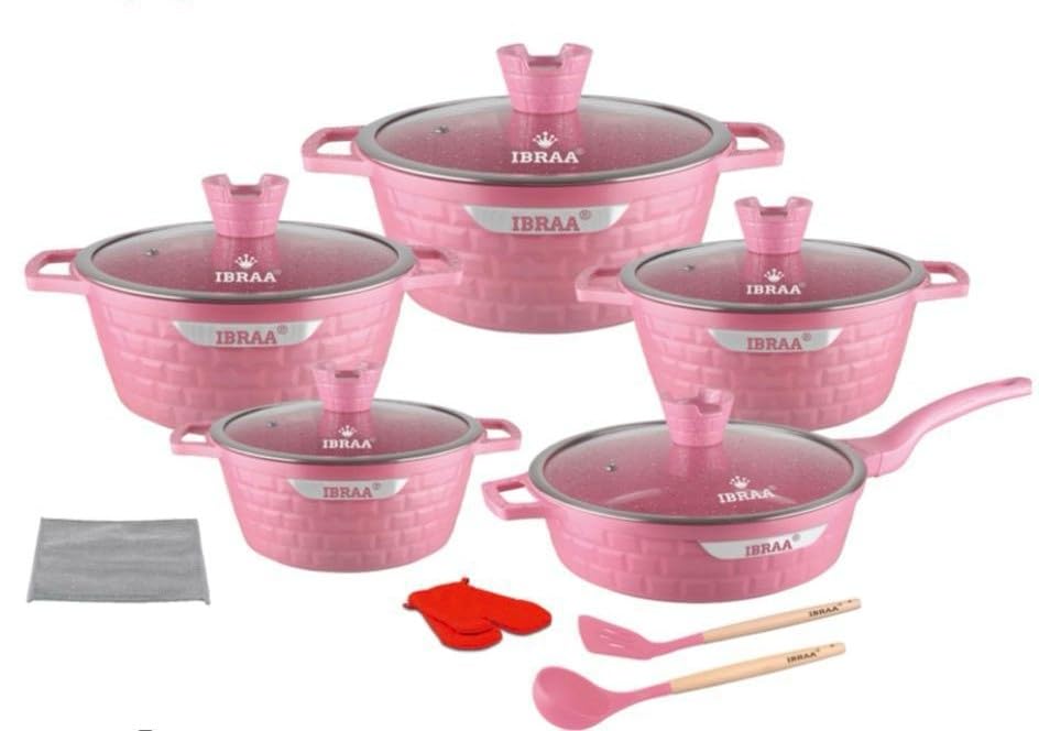 IBRAA 15Pcs Cooking pots/pan, Non-Stick, Induction, Bricks Shape, Inside Granite, semi- Thick Glass lid, Two Gloves, Two Cooking Spoons with a Cleaner,Set of Five Cooking pots and a pan. (Pink)